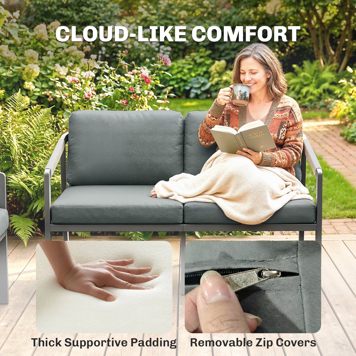 4-Seater Aluminium Garden Furniture Set | Loveseat, 2 Armchairs & Slatted Table | 10cm Cushions | Black