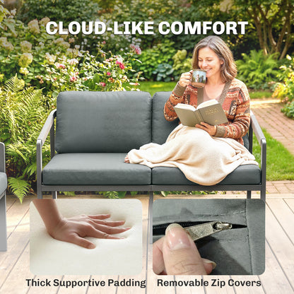 4-Seater Aluminium Garden Furniture Set | Loveseat, 2 Armchairs & Slatted Table | 10cm Cushions | Black