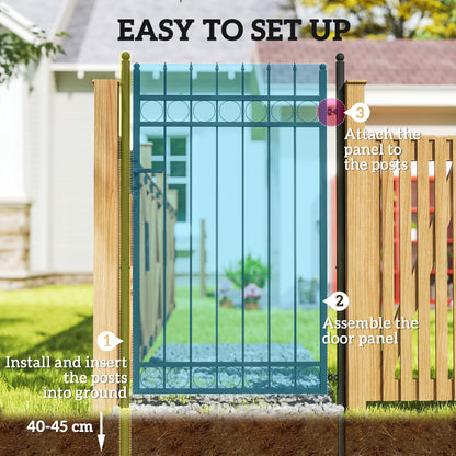 Galvanised Steel Garden Gate, Outdoor Fence Gate Security Barrier with Lock, Keys and Handle W/ Classic Finials, 105 x 204 cm, Black