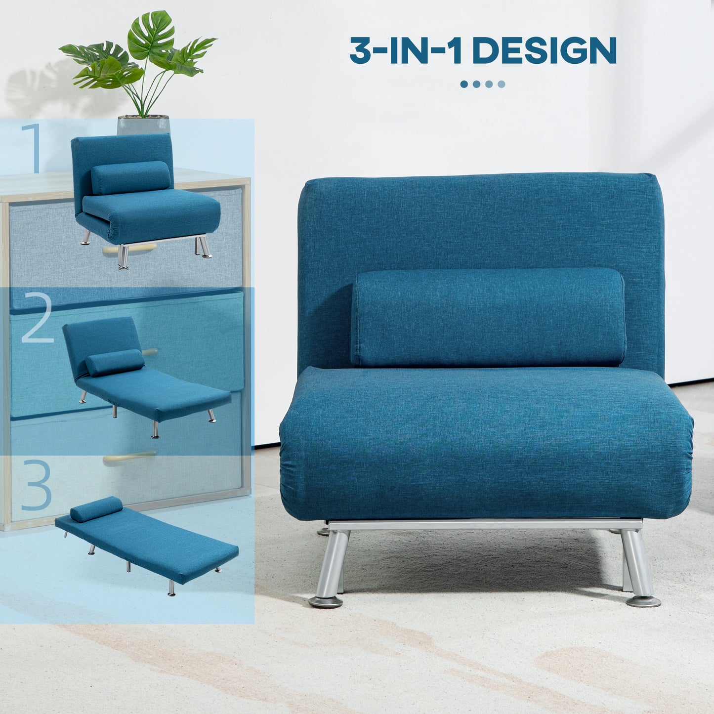 Single Linen-Look Sleeper Sofa Bed Chair - Blue