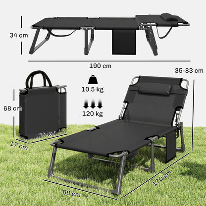 Folding Sun Lounger Camping Bed | 5 Position Recline | 68cm Mesh Seat | Removable Cushion & Headrest | Portable | 120kg | Dark Grey