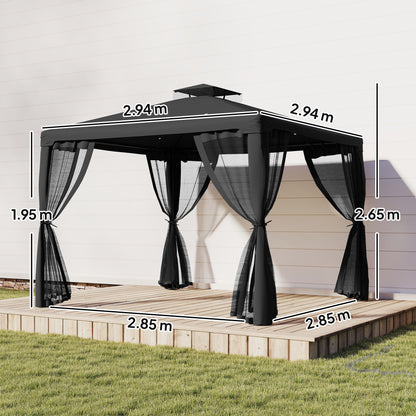 Outsunny 3 x 3 m Metal Gazebo, Garden Pavillion, Double Roof Outdoor Canopy Shelter with Mesh Sidewalls, Black