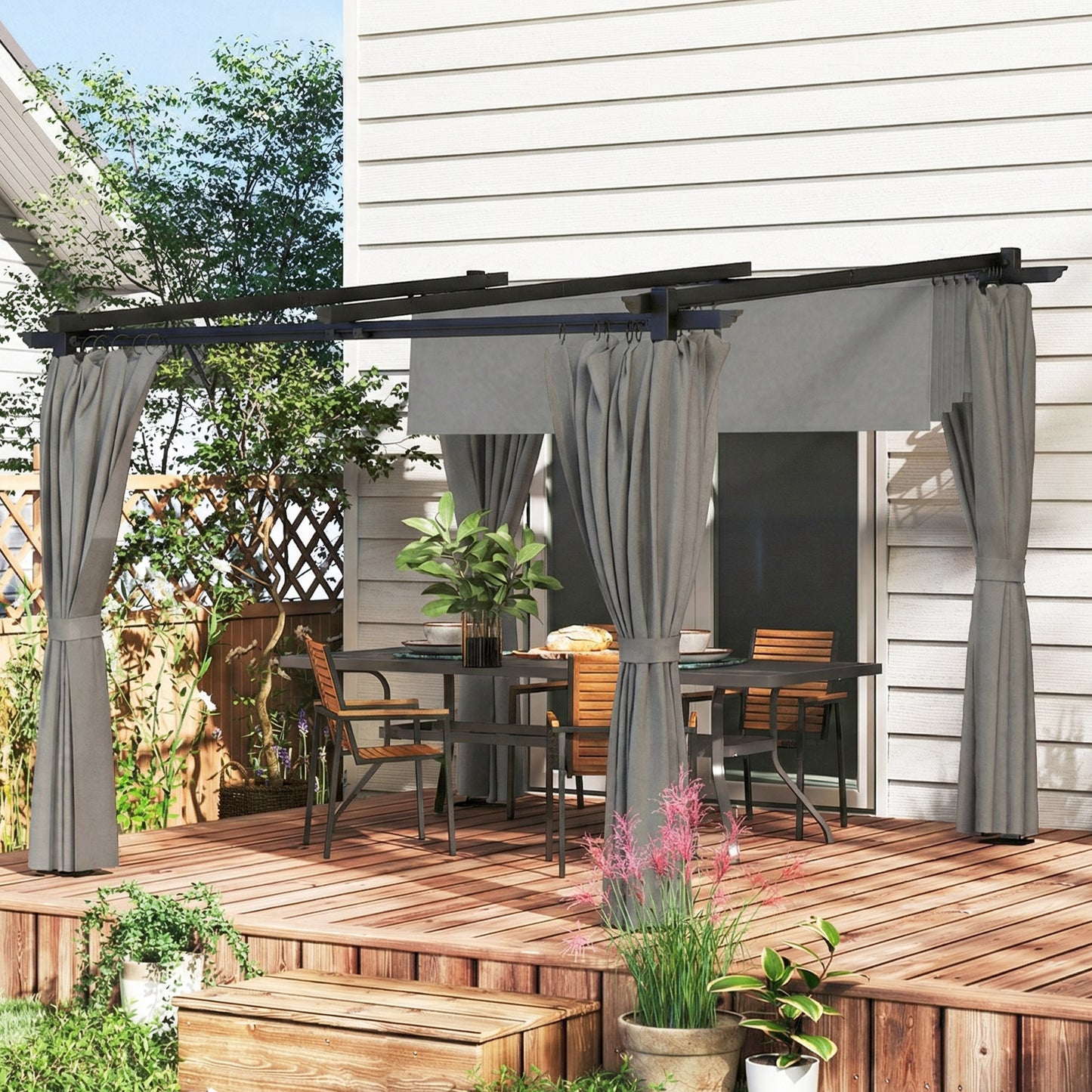 3x3m Retractable Roof Garden Pergola with 3 Side Curtains | UPF30+ Splash-Proof Canopy | Powder-Coated Metal Frame | Windproof Level 5-6 | Snow Load Rated | Ground Stakes | Light Grey