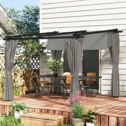 3x3m Retractable Roof Garden Pergola with 3 Side Curtains | UPF30+ Splash-Proof Canopy | Powder-Coated Metal Frame | Windproof Level 5-6 | Snow Load Rated | Ground Stakes | Light Grey