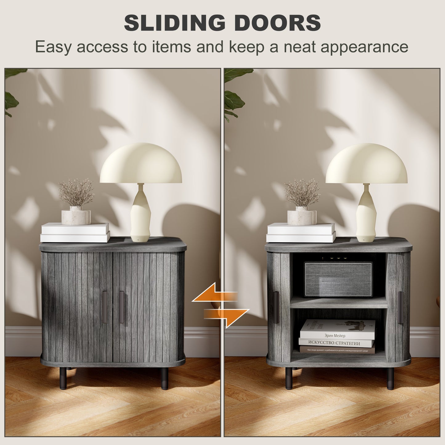 Nordic Bedside Table | Roller Shutter Sliding Doors | 2-Tier Storage | Melamine Surface | Steel Legs | 90kg | 48x40x48cm | Grey
