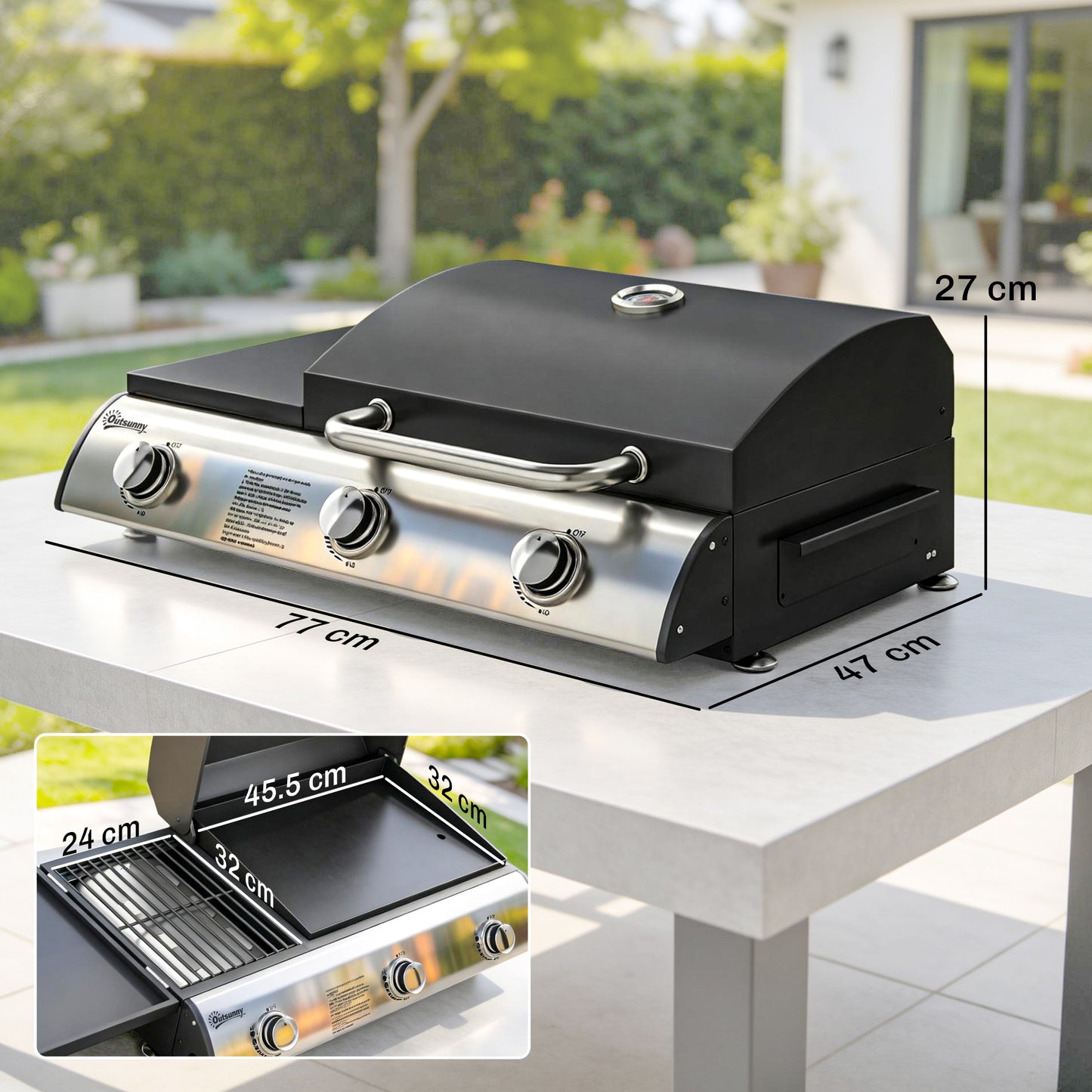 3 Burner Portable Gas Plancha BBQ Grill | 8.1kW | 2224cm² | Grill & Griddle | Thermometer | Side Shelf | Grease Box | LPG/Propane | 77x47x27cm | Black