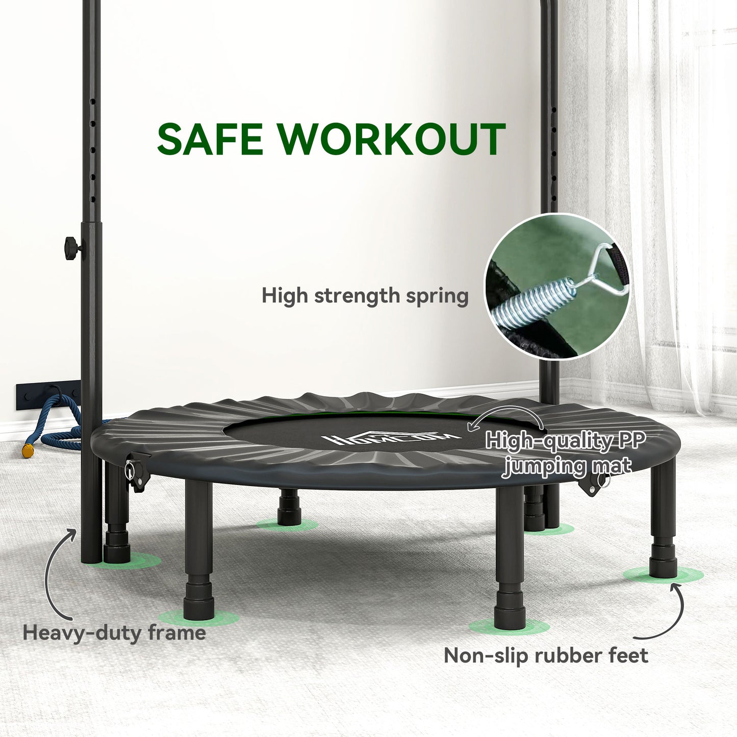 40" Foldable Mini Fitness Trampoline, with Adjustable Foam Handle, Green