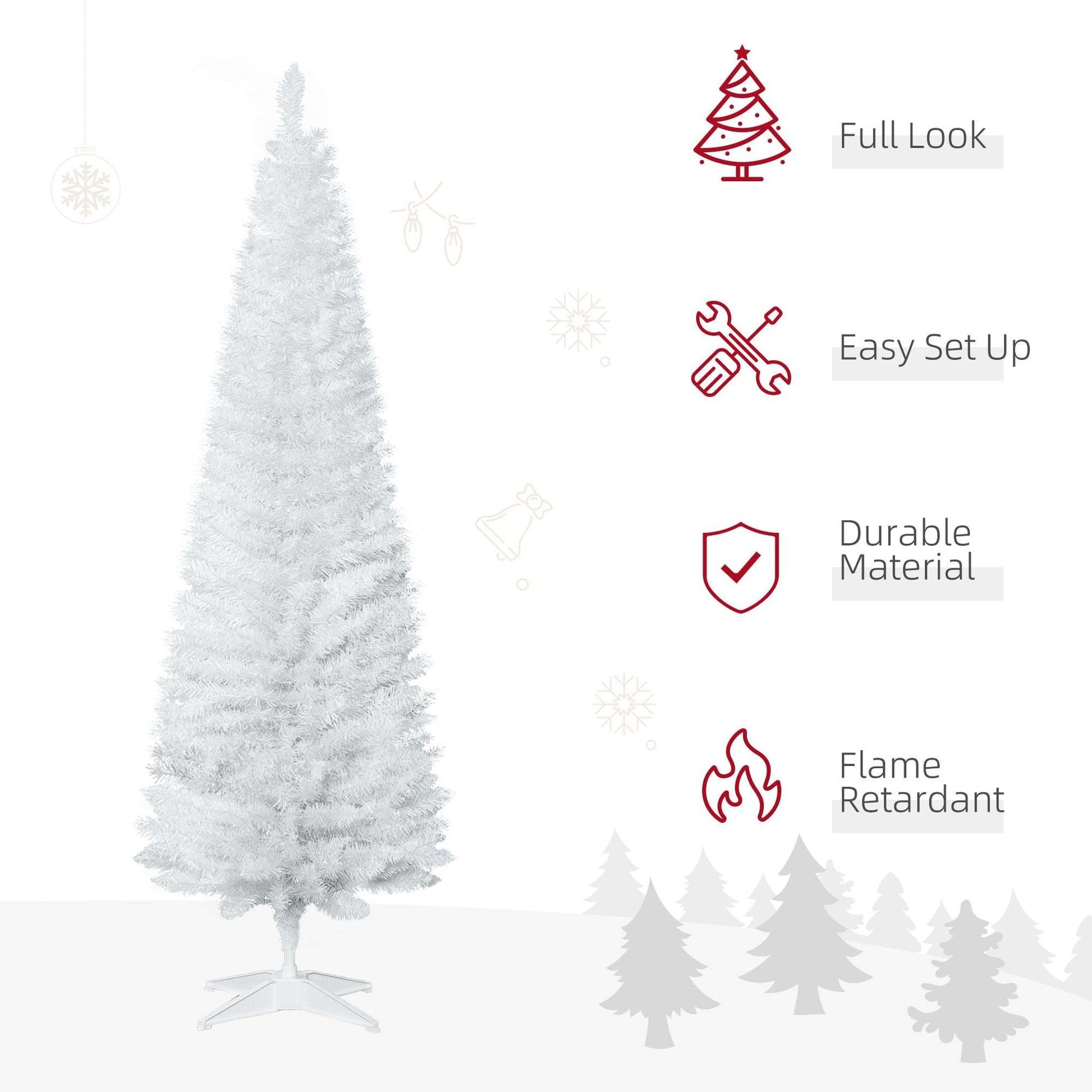 1.8m 6ft Artificial Pine Pencil Slim Tall Christmas Tree With 390 Branch Tips Holiday Décor with Stand White