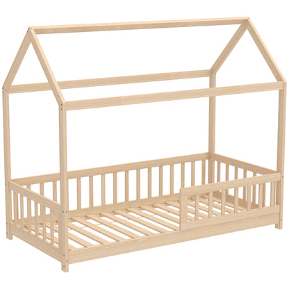 House-Shaped Kids Bed Frame with Guard Rails, Solid Pine Wood Single Bed Frame for Kids Boys and Girls, Natural