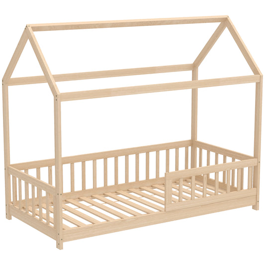 House-Shaped Kids Bed Frame with Guard Rails, Solid Pine Wood Single Bed Frame for Kids Boys and Girls, Natural