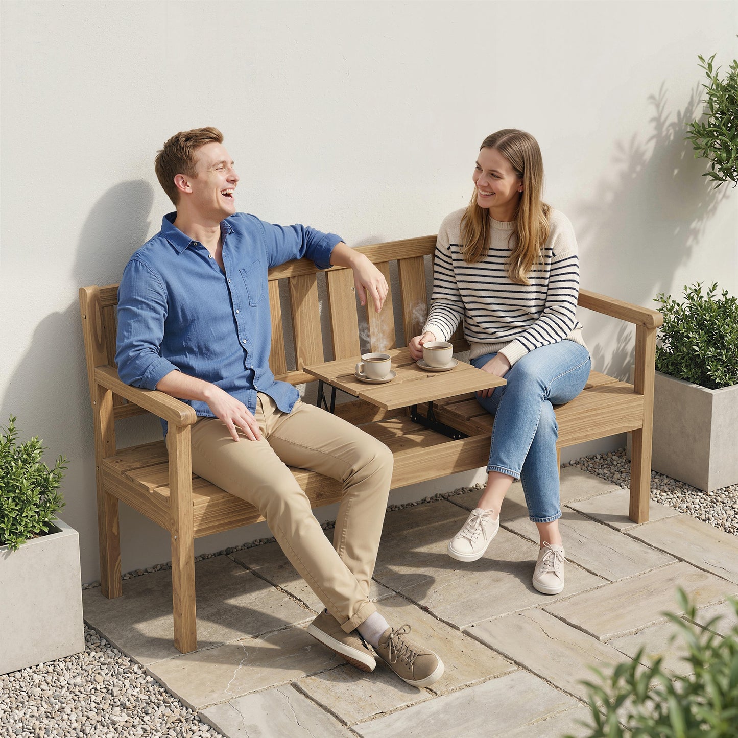 Outsunny Wooden Garden Loveseat with Liftable Table & Shelf, 2-3-Seater Outdoor Bench, Fir Wood Jack and Jill Garden Seat, Teak