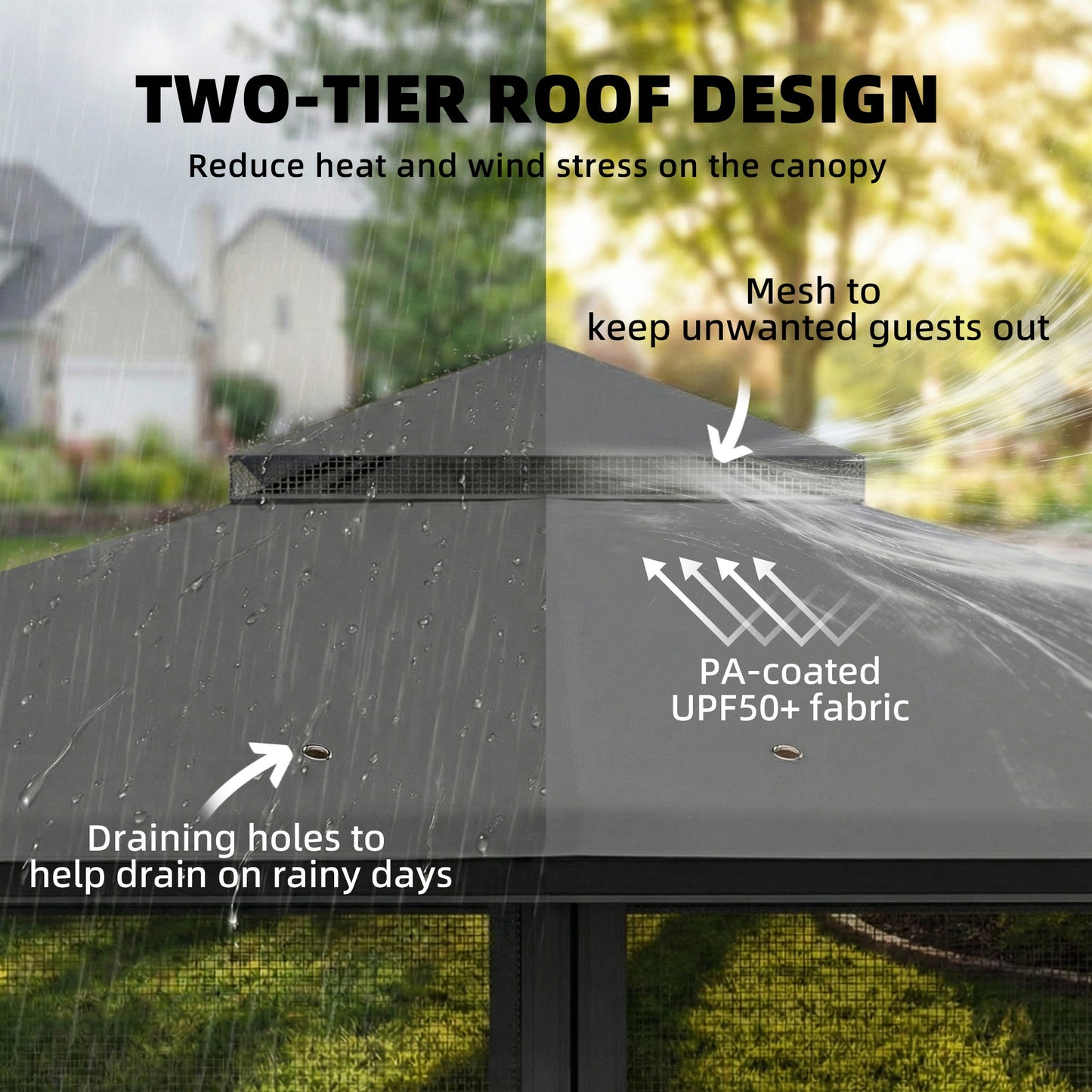 3.3x3.3m Garden Gazebo | Double-Tier UPF50+ Roof | 4 Mesh Panels | Triangular Powder-Coated Metal Frame | Corner Shelves | Roof Drainage Holes | Expansion Screws & Ground Stakes | Ceiling Hook | Dark Grey