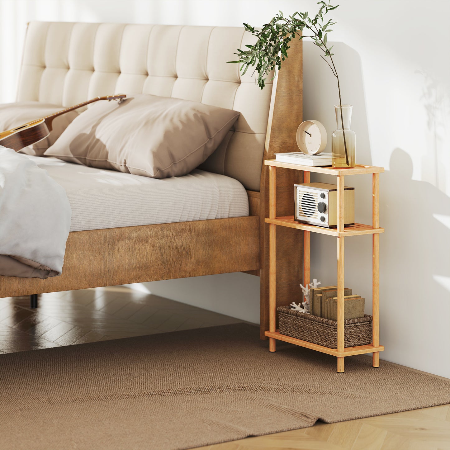 Bamboo Side Table, 3-Tier Slim End Table, Nordic Style, for Living Room, Bedroom, Office, Tool-Free Assembly, Natural Wood Finish