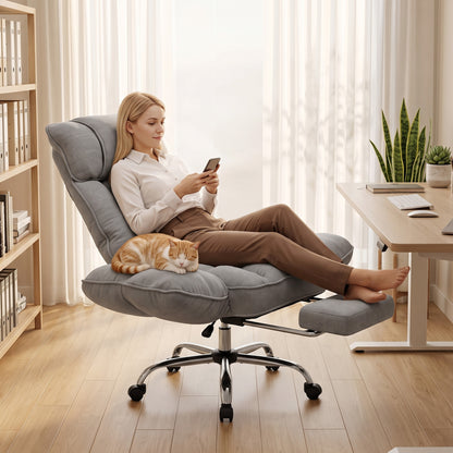 Reclining Office Chair | Grey Linen-Look Fabric & Pocket-Sprung Seat | 135° Recline, Pull-Out Footrest & 5-Position Flip-Up Arms | Height Adjustable