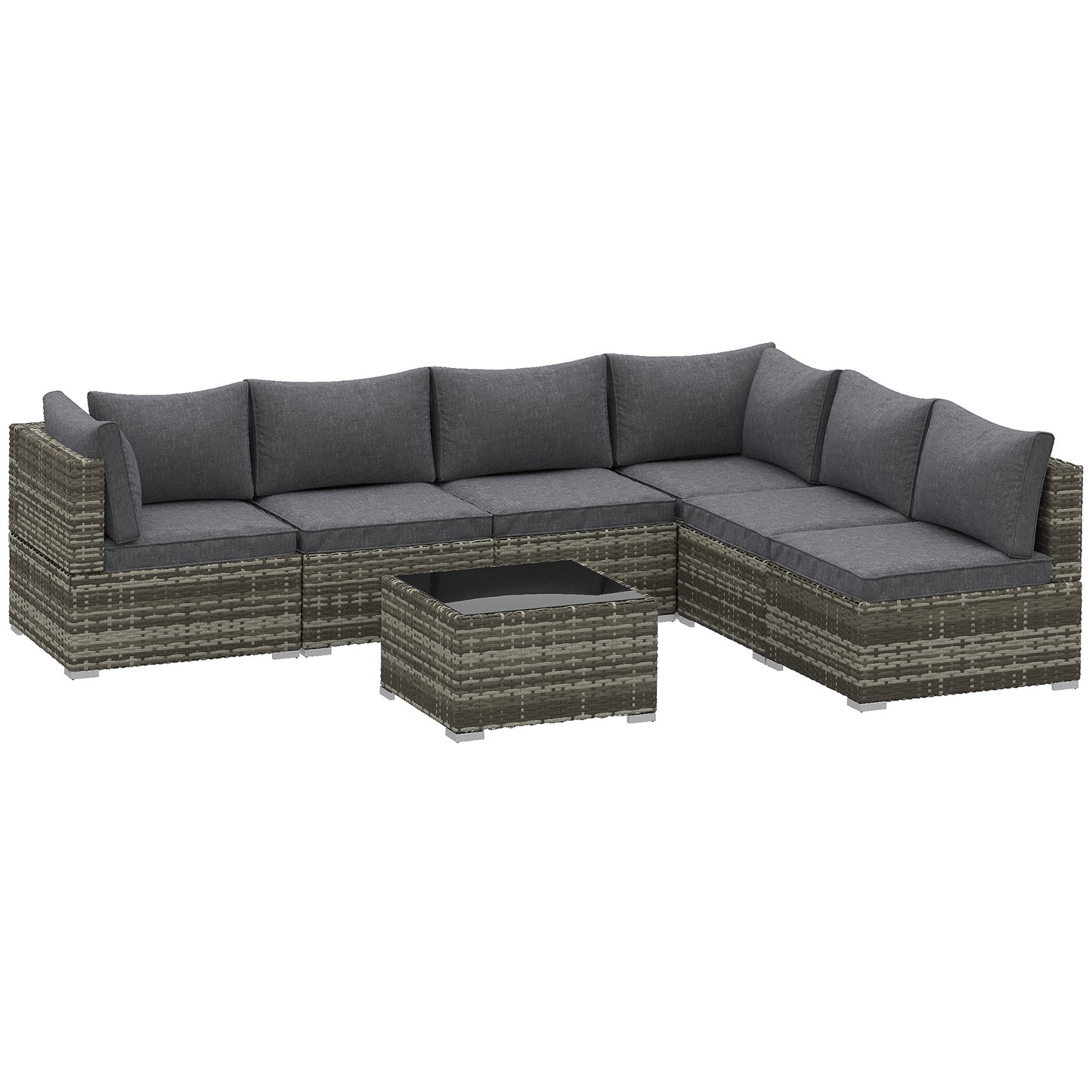 7 Pieces Outdoor PE Rattan Corner Sofa Set, Patio Wicker Conversation Chaise Lounge Furniture w/ Tempered Glass Table-top & Soft Padded Cushion, Dark Grey