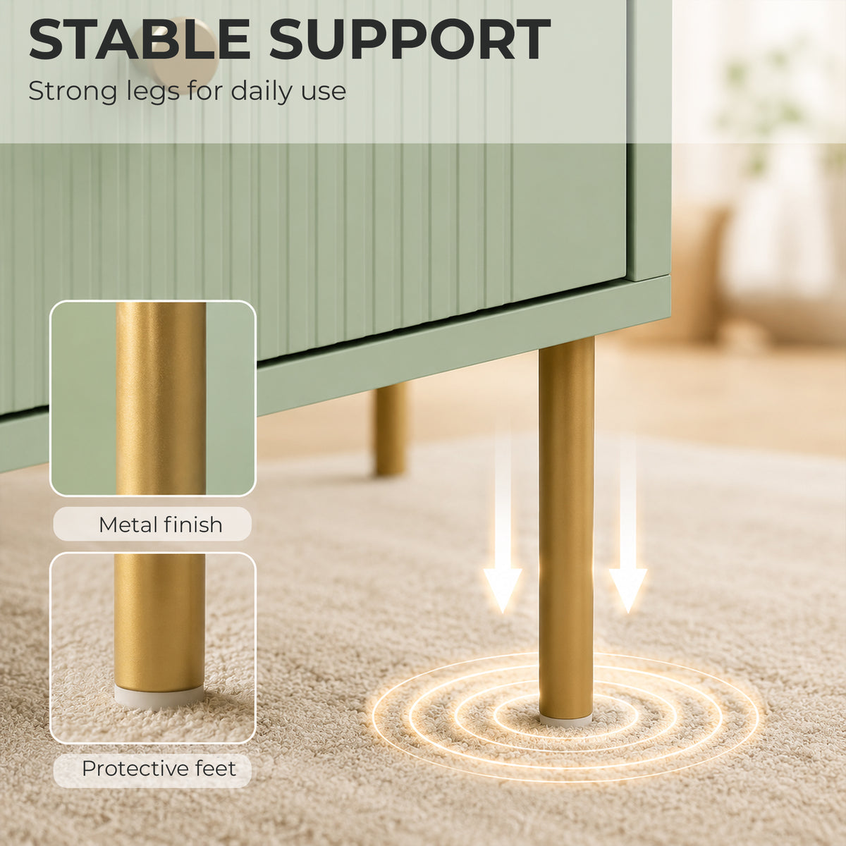 Modern Coffee Table with 2 Drawers | Light Green & Gold Tone | Particleboard Metal Legs | 100x50x43cm | 30kg | Melamine Surface | Metal Slide Runners | Living Room Bedroom