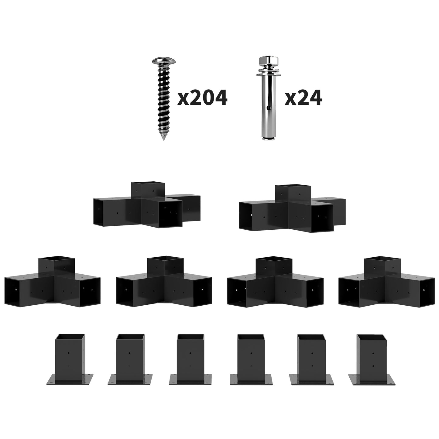 12 Piece DIY Pergola Bracket Kit | 3-Way & 4-Way Corner Brackets | Post Bases | Precision-Welded Powder-Coated Metal | Expansion Screws Included | Fits 9.6cm Lumber | Black