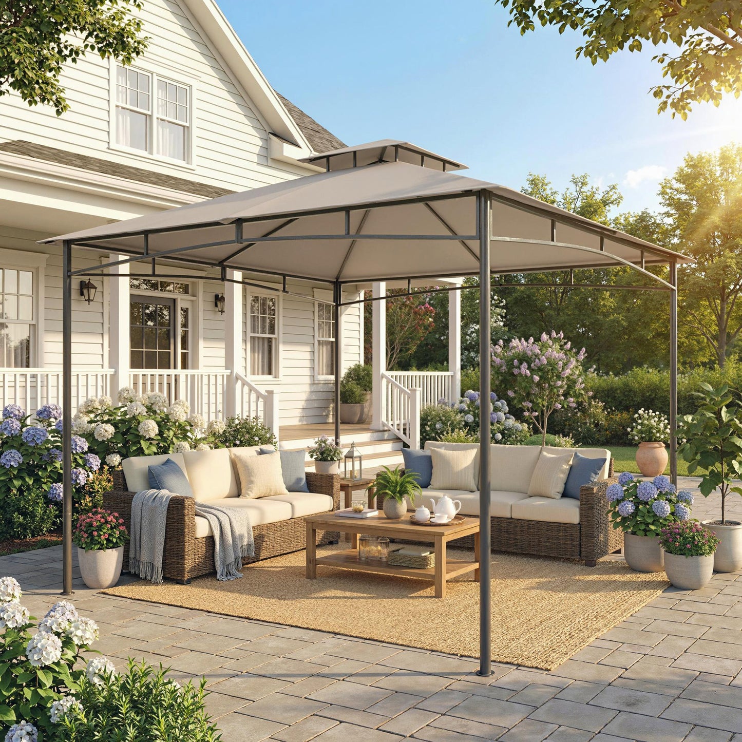 3x3m Garden Gazebo | 2-Tier Roof | UPF50+ | 180g/m² PA Polyester | Fits 6-8 | Khaki