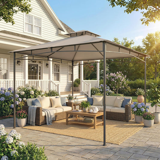 3x3m Garden Gazebo | 2-Tier Roof | UPF50+ | 180g/m² PA Polyester | Fits 6-8 | Khaki