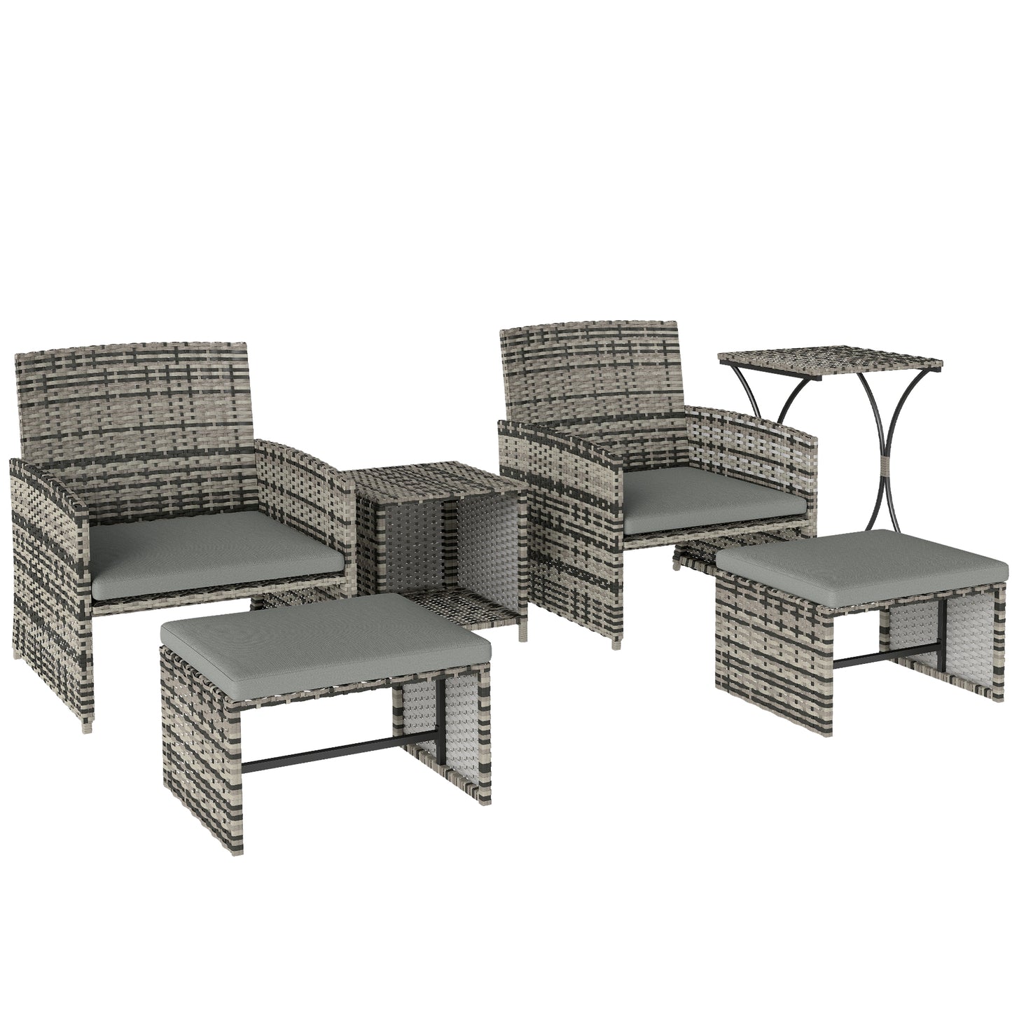6-Piece Space-Saving PE Rattan Garden Furniture Set | 2 Armchairs | 2 Footstools | 2 Nesting Tables | UV-Resistant Rattan | Powder-Coated Steel | 5cm Zip Cushions | Fixing Straps | 120kg Capacity | Grey