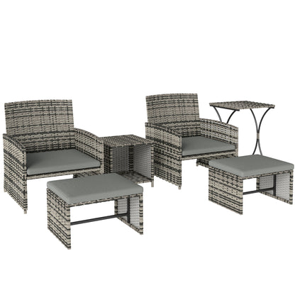 6-Piece Space-Saving PE Rattan Garden Furniture Set | 2 Armchairs | 2 Footstools | 2 Nesting Tables | UV-Resistant Rattan | Powder-Coated Steel | 5cm Zip Cushions | Fixing Straps | 120kg Capacity | Grey