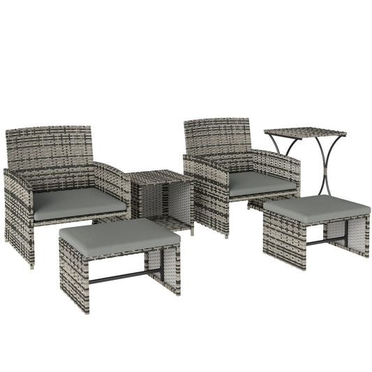 6-Piece Space-Saving PE Rattan Garden Furniture Set | 2 Armchairs | 2 Footstools | 2 Nesting Tables | UV-Resistant Rattan | Powder-Coated Steel | 5cm Zip Cushions | Fixing Straps | 120kg Capacity | Grey