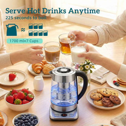 1.7L Glass Electric Kettle | 3000W Strix Controller | 5 Temperature Presets 60-100°C | 2hr Keep-Warm | Built-In Tea Infuser | LCD Display | Stainless Steel Base | 70cm Cable | Silver