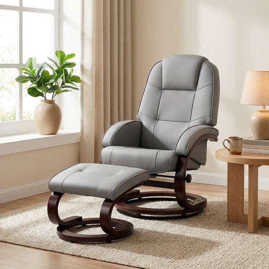 Swivel Recliner Chair & Footstool | PU Leather | 360° Swivel | 135° Recline | Bent Wood Frame | 120kg | Grey
