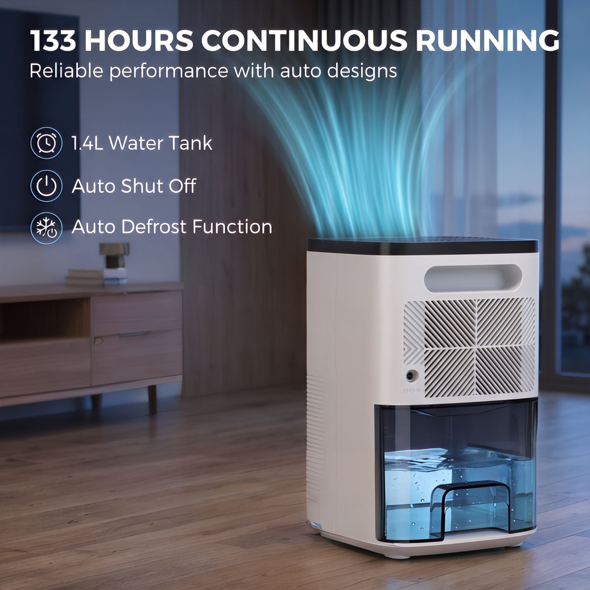 300ml/Day Small Dehumidifier | 1.4L Tank (133hrs) | 7-Colour RGB Mood Light | 43dB Sleep Mode | 4–24H Timer | LED Touch Panel | Auto Shut-Off & Defrost | 15m² | ABS | 15.2x13.5x24cm | White
