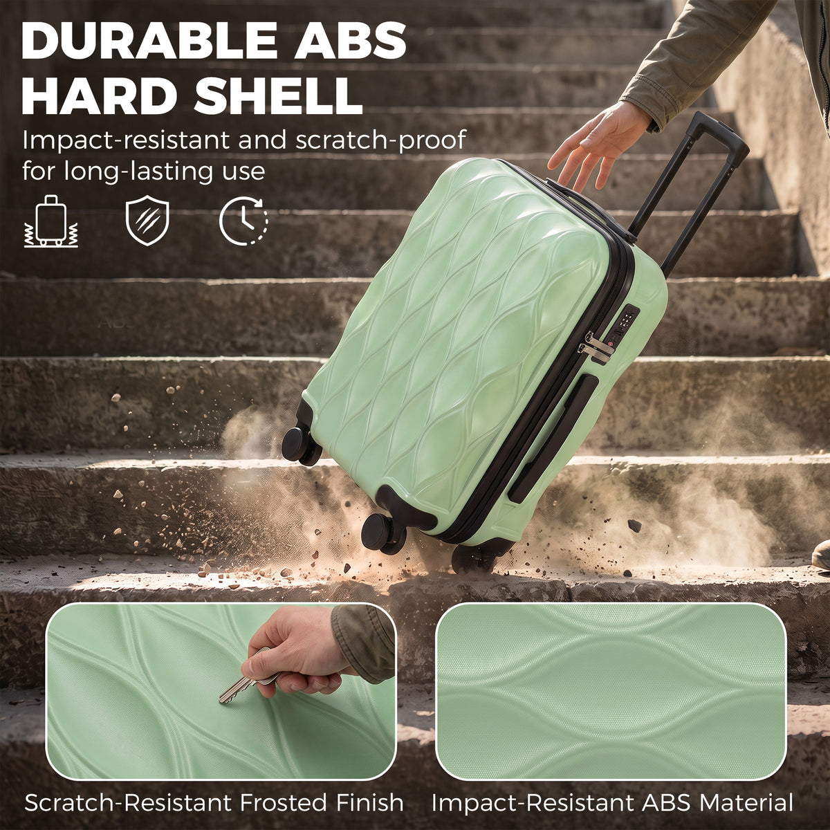 41L Cabin Suitcase | ABS Hard Shell Frosted Finish | TSA 3-Digit Lock | 4 Detachable 360° Spinner Wheels | Aluminium Telescopic Handle | 36x23x56cm | 8kg Capacity | Green / Black