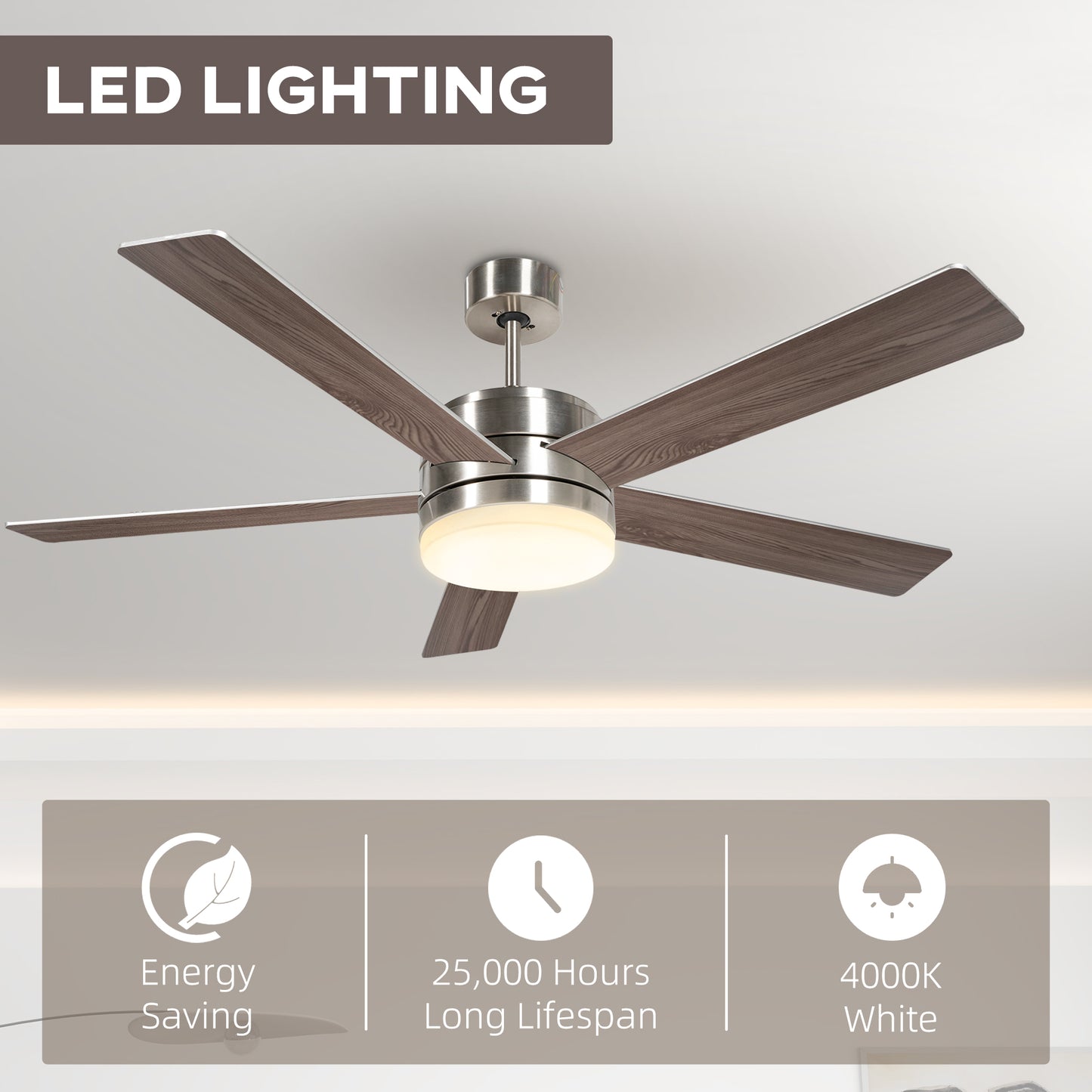 Ceiling Fan With Light, 132cm Flush Mount LED  With 5 Reversible Blades, Remote Control For Bedroom Living Room, Silver and Beech Wood-effect