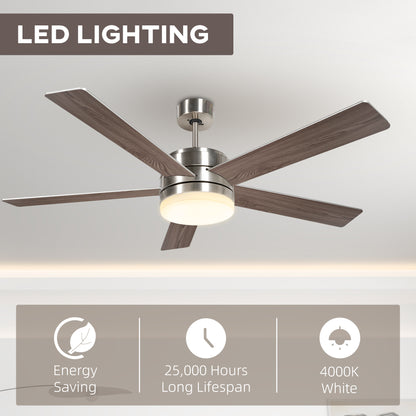 Ceiling Fan With Light, 132cm Flush Mount LED  With 5 Reversible Blades, Remote Control For Bedroom Living Room, Silver and Beech Wood-effect