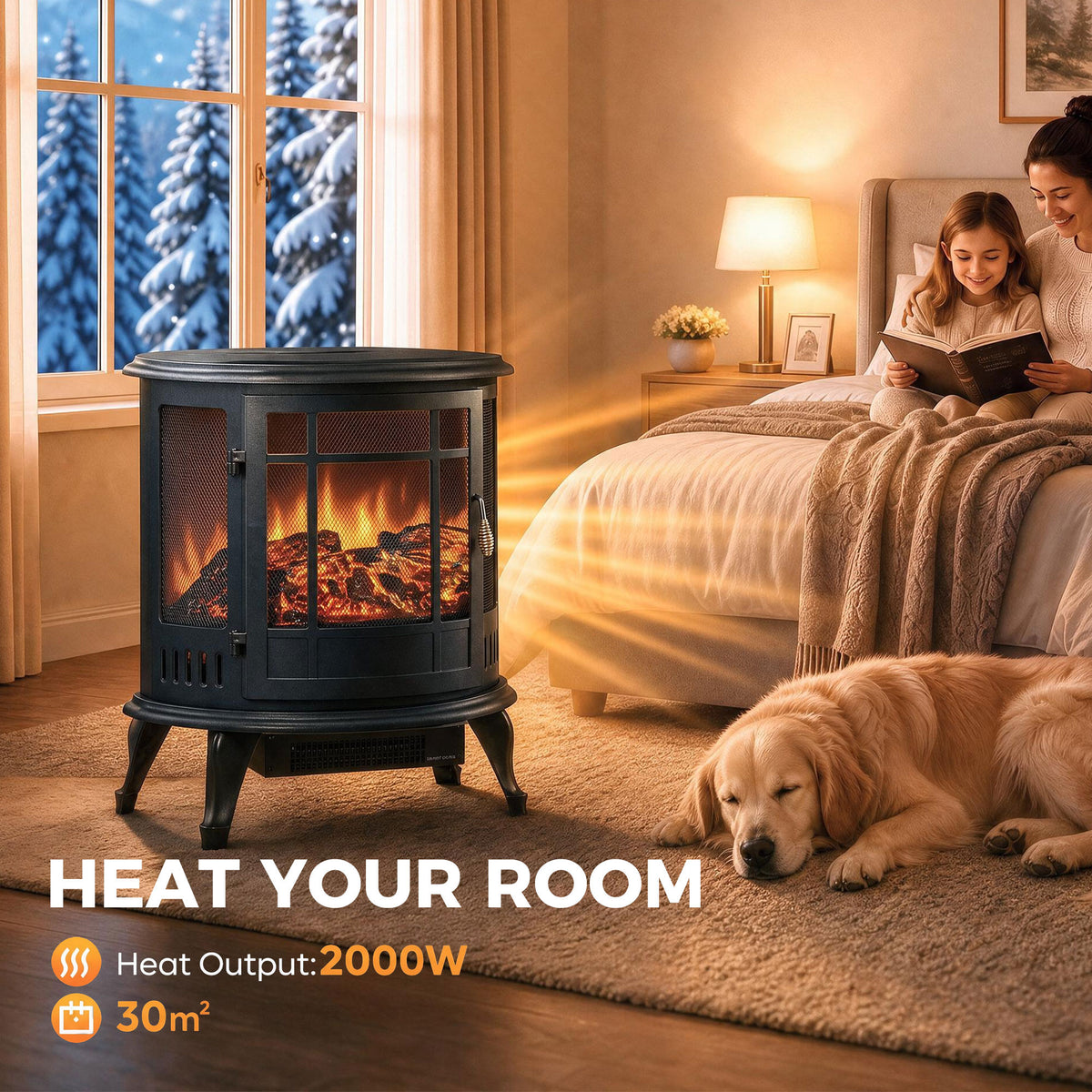 3-Sided Electric Fireplace Stove | Energy Efficiency Rating C | 2000W Freestanding Heater with Independent LED Flame, Adjustable Brightness & 15-30 m² Coverage | Black