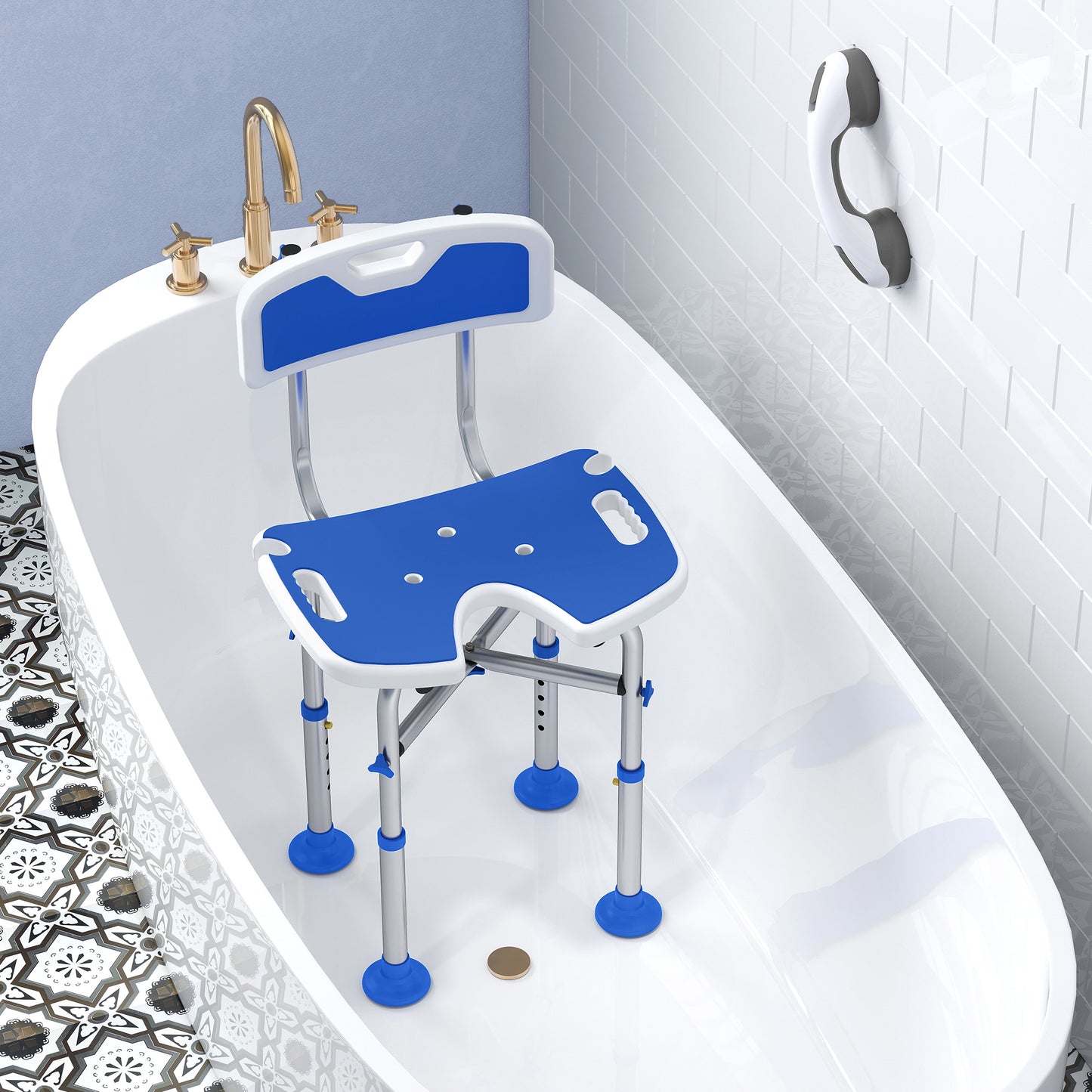 Height Adjustable Shower Chair | U-Shaped Cutout | HDPE Padded Seat | Drainage Holes | Shower Head Holder | Non-Slip Suction Feet | 150kg X-Frame | MDR-CE & FDA Certified | 39-49cm | Blue