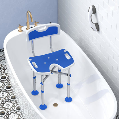 Height Adjustable Shower Chair | U-Shaped Cutout | HDPE Padded Seat | Drainage Holes | Shower Head Holder | Non-Slip Suction Feet | 150kg X-Frame | MDR-CE & FDA Certified | 39-49cm | Blue