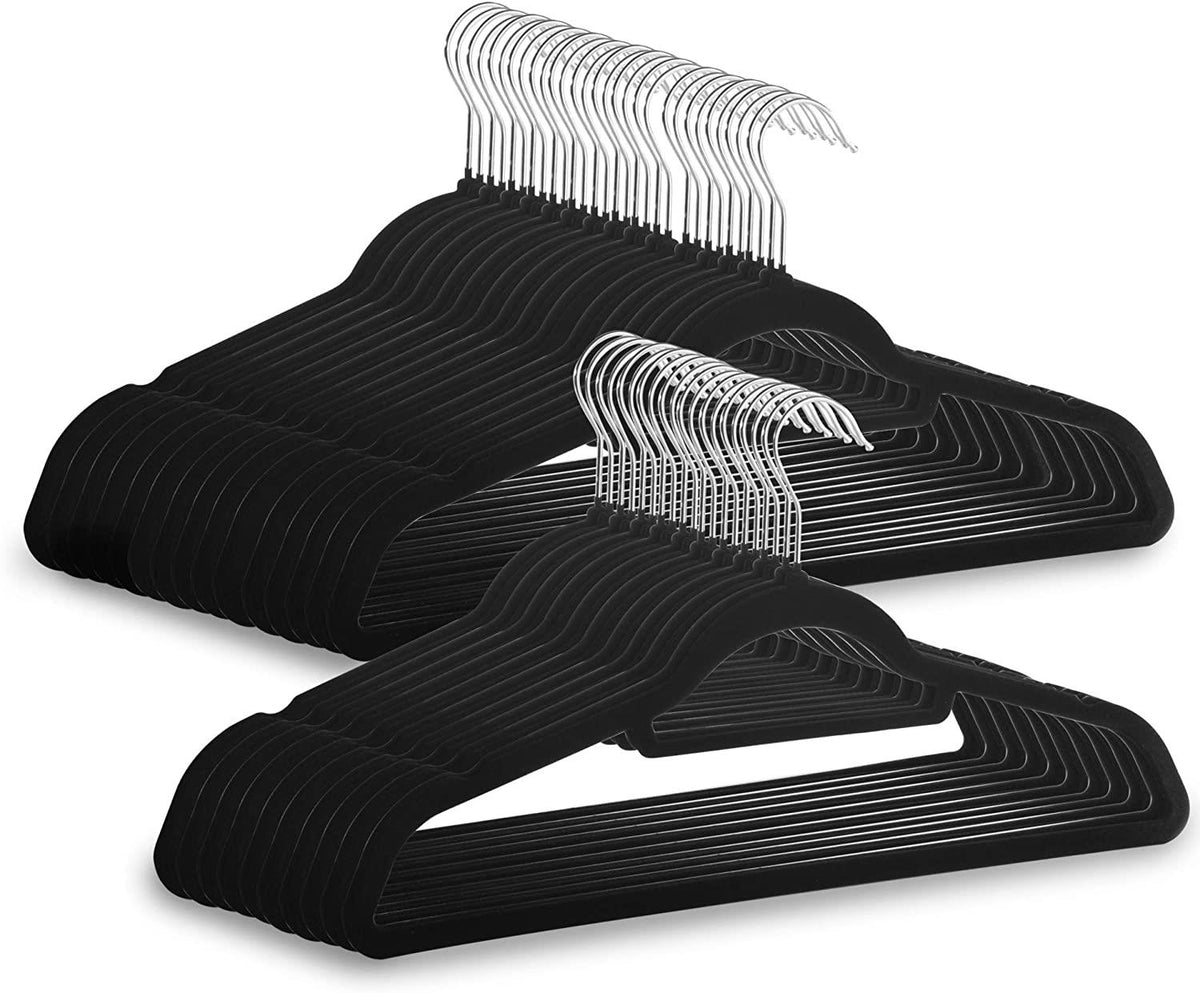 Maison & White Velvet Coat Hangers | Black Pack of 50 | Slimline 45cm Flocked Clothes Hangers | Trouser Bar & Shoulder Notches