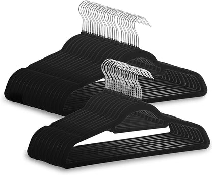 Maison & White Velvet Coat Hangers | Black Pack of 50 | Slimline 45cm Flocked Clothes Hangers | Trouser Bar & Shoulder Notches