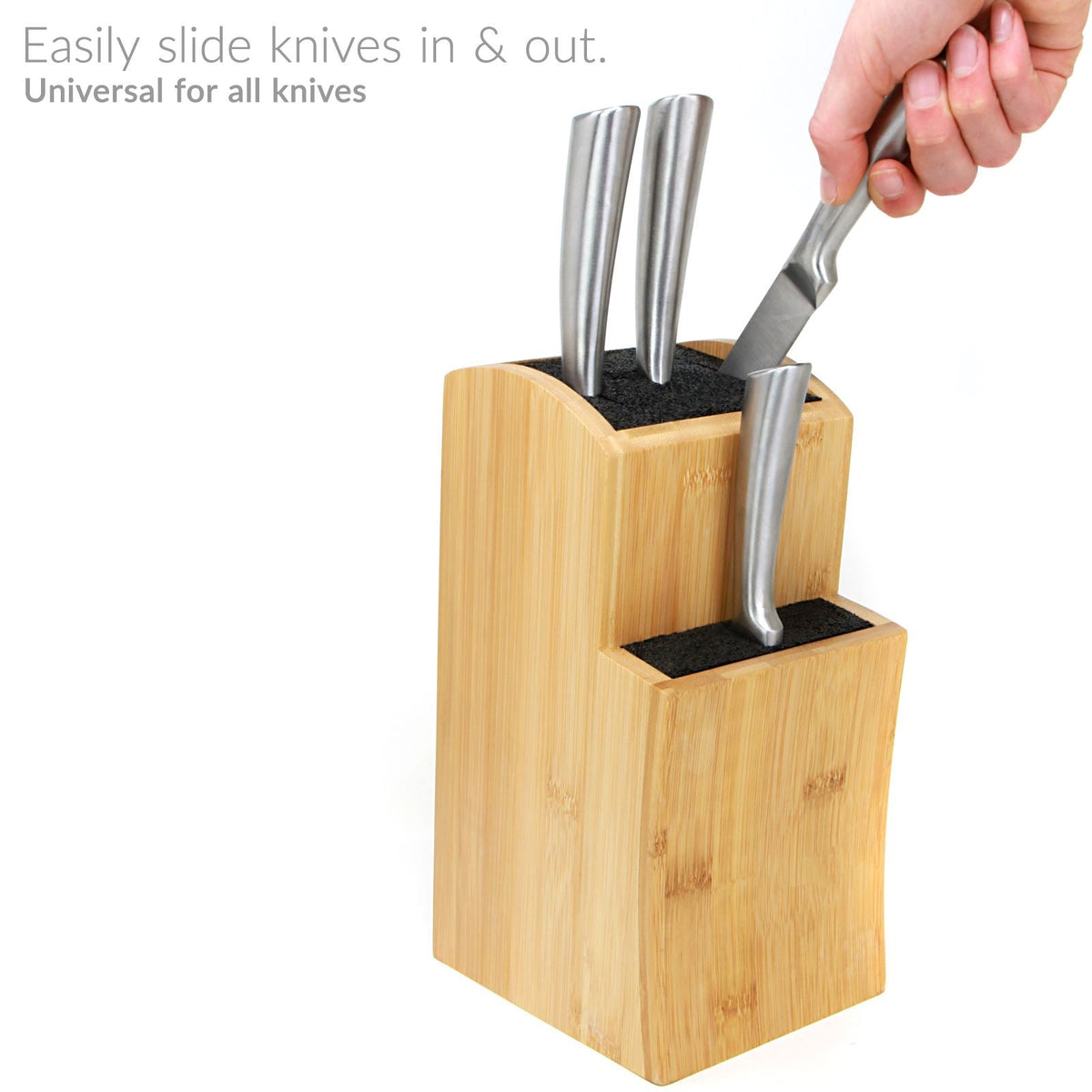 Maison & White Universal Bamboo Knife Block | Two-Tier Countertop Knife Holder | Removable Fibre Rod Inserts | Natural Bamboo Storage