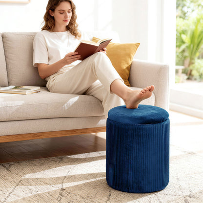 Storage Ottoman Modern Velvet Round Foot Stool for Living Room Bedroom 45 cm Blue