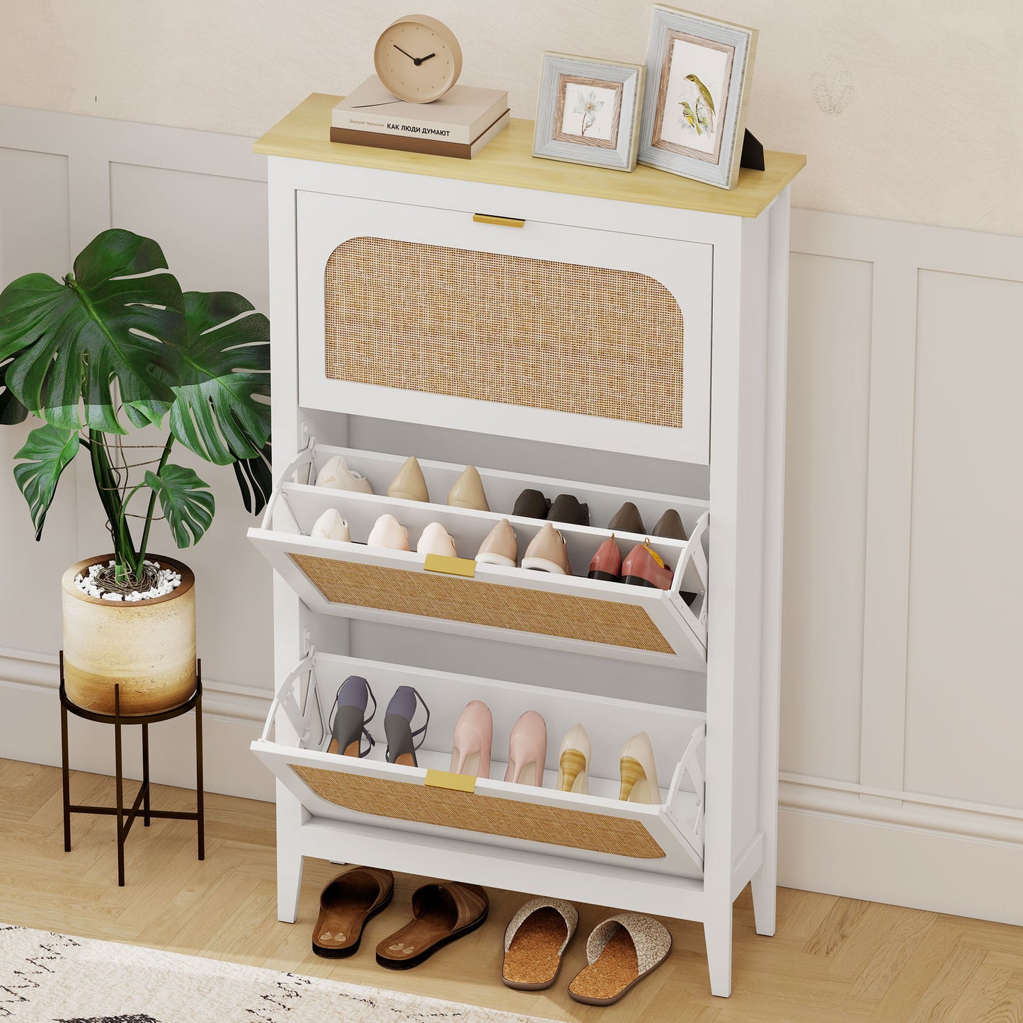 Boho Narrow Shoe Cabinet | 3 Flip Drawers | Rattan Doors | Oak-Effect Top | 21 Pairs | Adjustable Shelves | Anti-Tip Kit | 40kg Capacity | 80x24x131cm | White