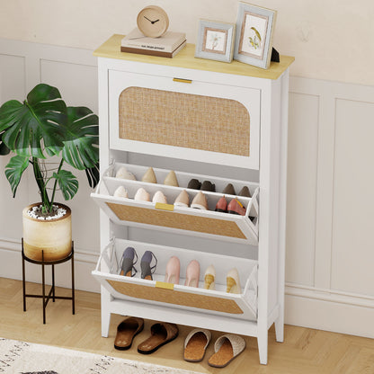 Boho Narrow Shoe Cabinet | 3 Flip Drawers | Rattan Doors | Oak-Effect Top | 21 Pairs | Adjustable Shelves | Anti-Tip Kit | 40kg Capacity | 80x24x131cm | White