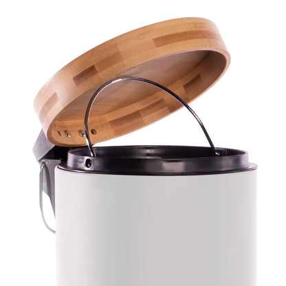 Maison & White White Matt Steel Bathroom Bin with Bamboo Lid | 3L | Foot Pedal | Soft-Close | Removable Inner Basket | Fingerprint-Resistant | 25.5x17x17cm | 2-Year Warranty