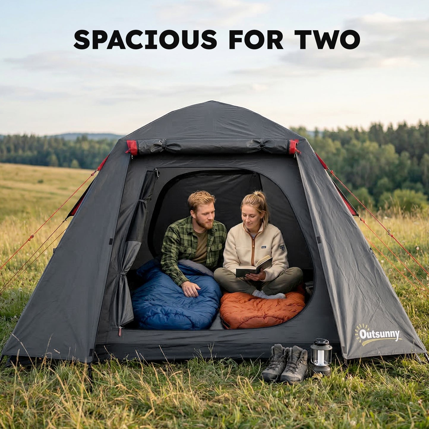 2-Person Camping Tent | 3000mm Waterproof | 2 Large Doors | 2 Windows | Internal Pocket & Lantern Hook | Folds to 80 x 18 x 18cm | 210 x 210 x 150cm | Dark Grey & Red