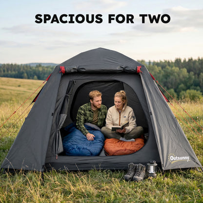 2-Person Camping Tent | 3000mm Waterproof | 2 Large Doors | 2 Windows | Internal Pocket & Lantern Hook | Folds to 80 x 18 x 18cm | 210 x 210 x 150cm | Dark Grey & Red