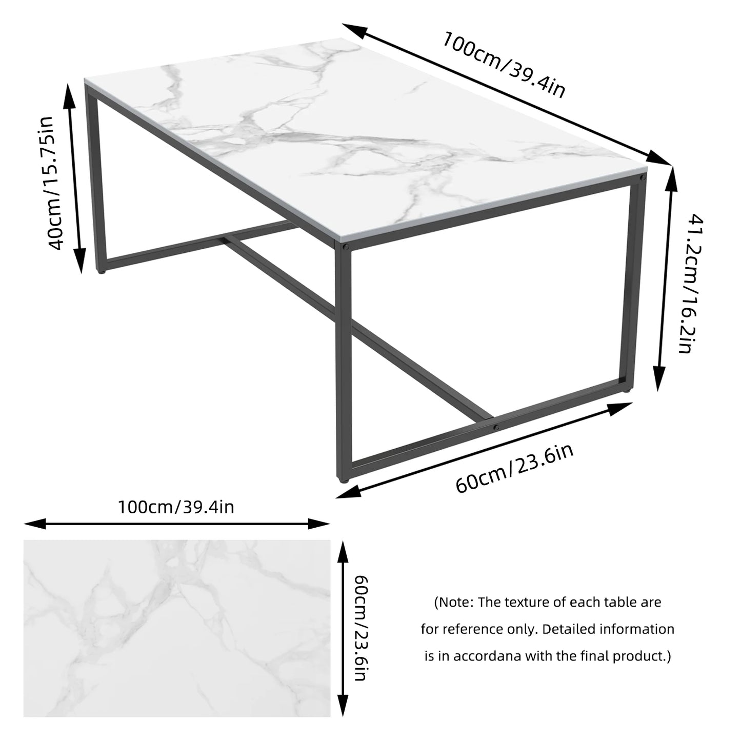 Natural Sintered Stone Sofa Centre Coffee Table With Black Metal Frame - Rectangular Furniture Decor Table for Living Room