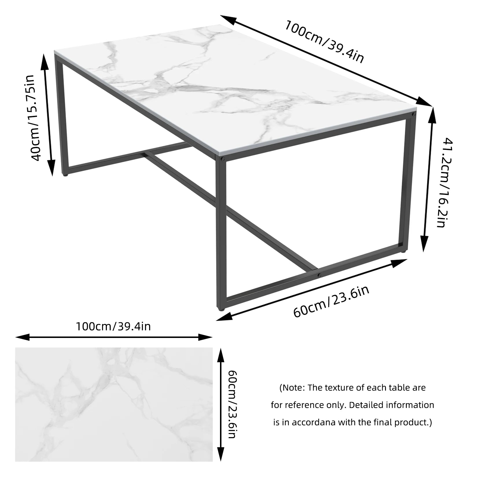 Natural Sintered Stone Sofa Centre Coffee Table With Black Metal Frame - Rectangular Furniture Decor Table for Living Room