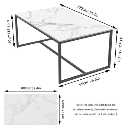 Natural Sintered Stone Sofa Centre Coffee Table With Black Metal Frame - Rectangular Furniture Decor Table for Living Room