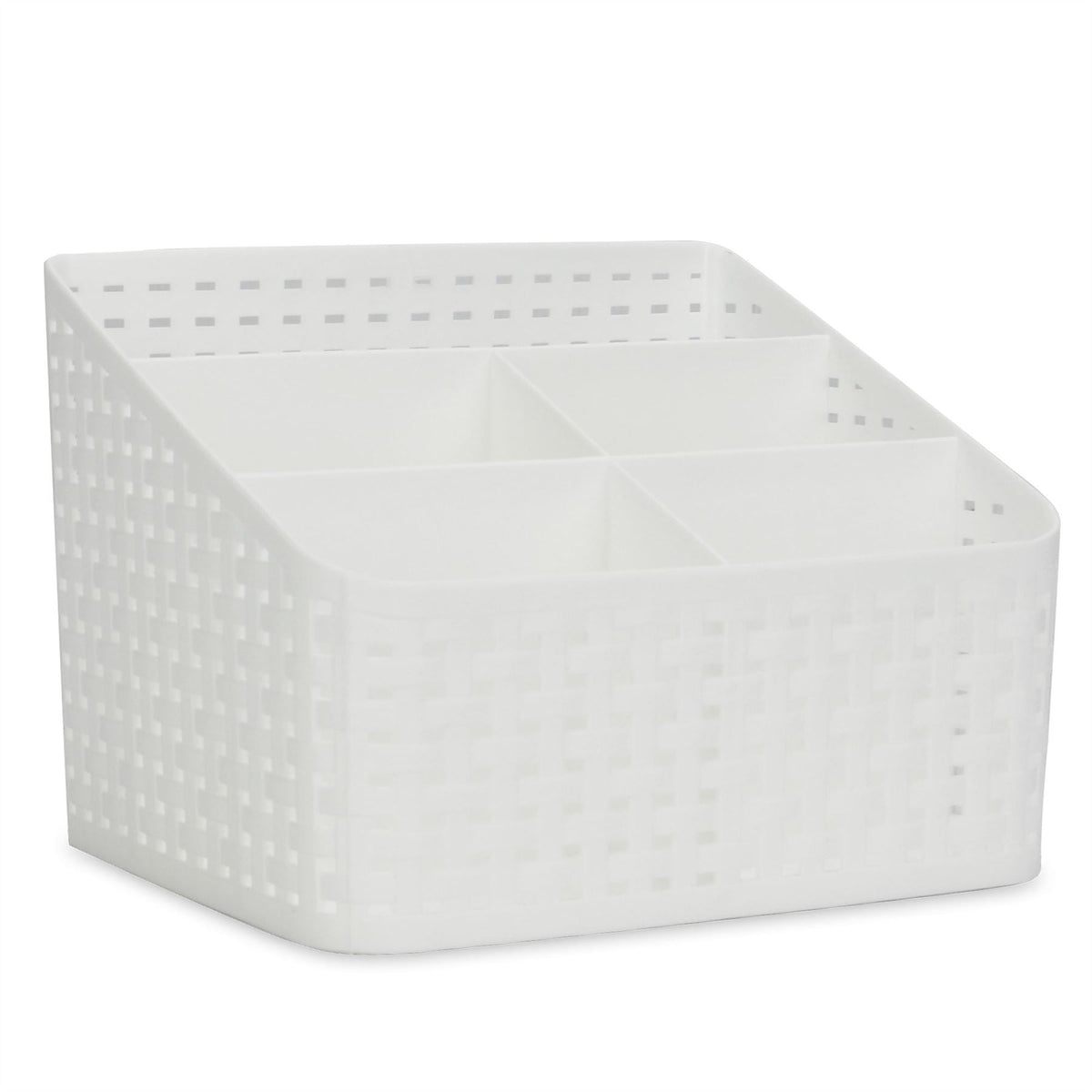 Pukkr White Cosmetic Storage Organiser | 5 Compartments | Rattan-Style Plastic Makeup & Toiletry Caddy | 19.2cm