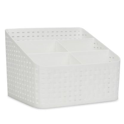Pukkr White Cosmetic Storage Organiser | 5 Compartments | Rattan-Style Plastic Makeup & Toiletry Caddy | 19.2cm