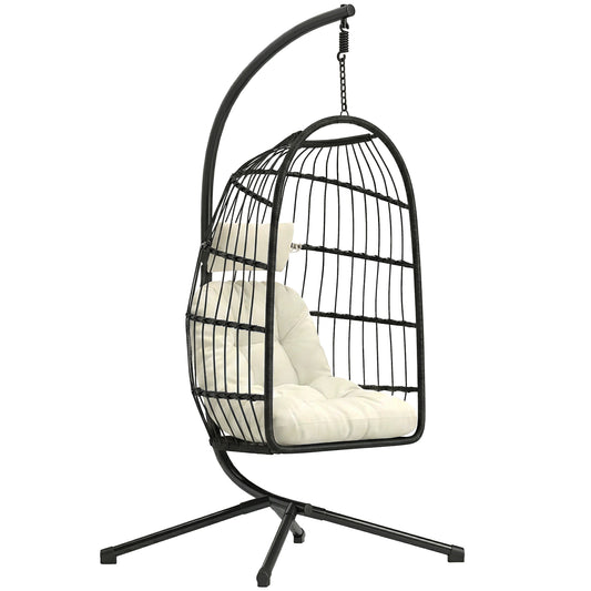 Hanging Egg Chair with Stand | 15cm Thick Cushion & Headrest | Adjustable Chain | Safety Strap | Foldable Basket | PE Rattan | 120kg | Indoor & Outdoor | Black & Cream White